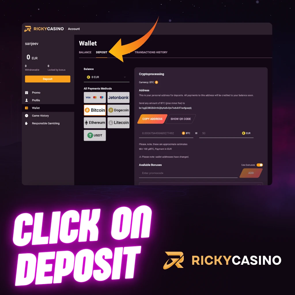 Click On Deposit on ricky casino user account